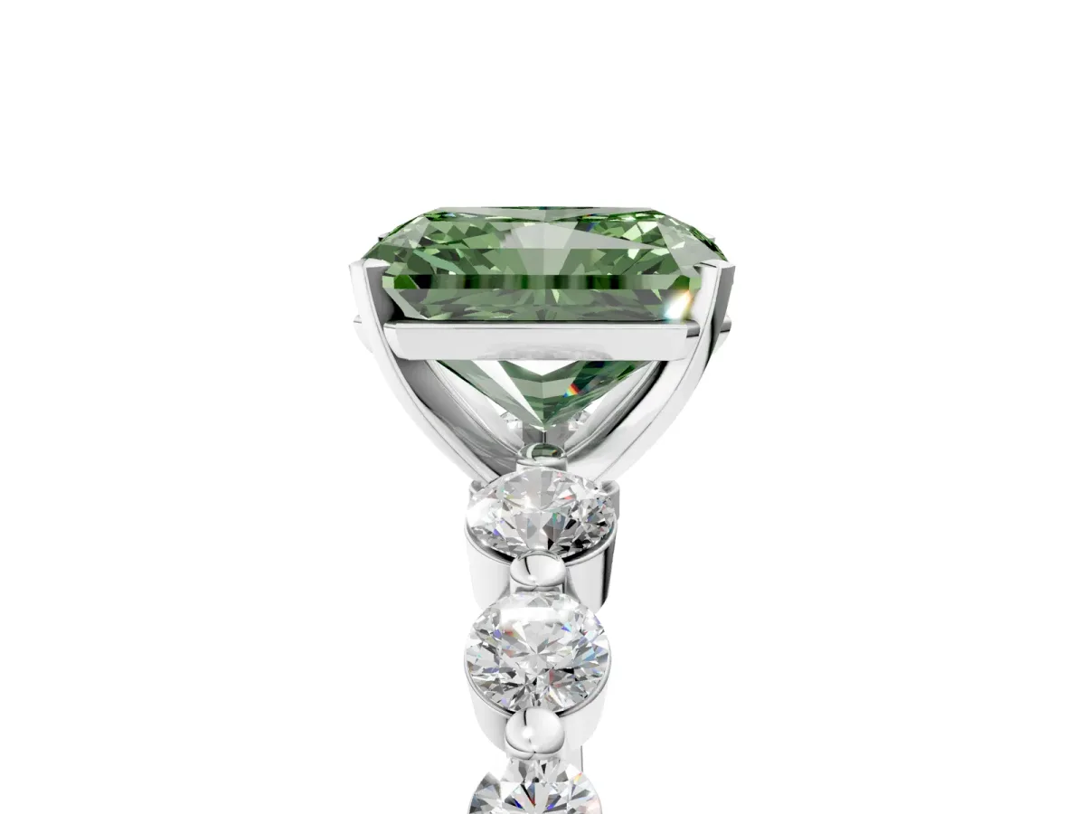 Fancy Green Radiant Cut Solitaire Diamond Ring with Pave Band and Four-Prong Setting Silver