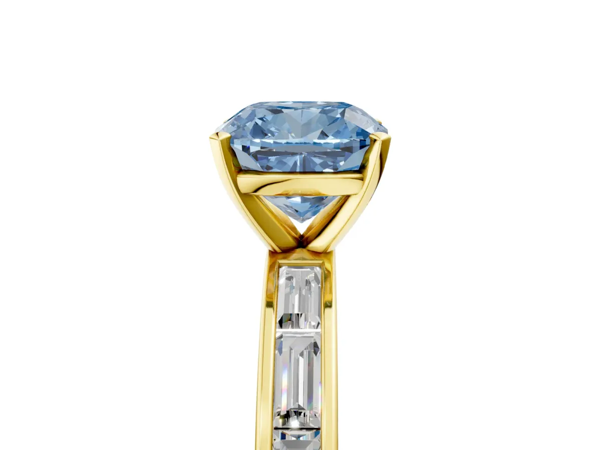 Fancy Blue Cushion Cut Solitaire Diamond Ring with Channel-Set Baguette Band and Four-Prong Setting Yellow gold