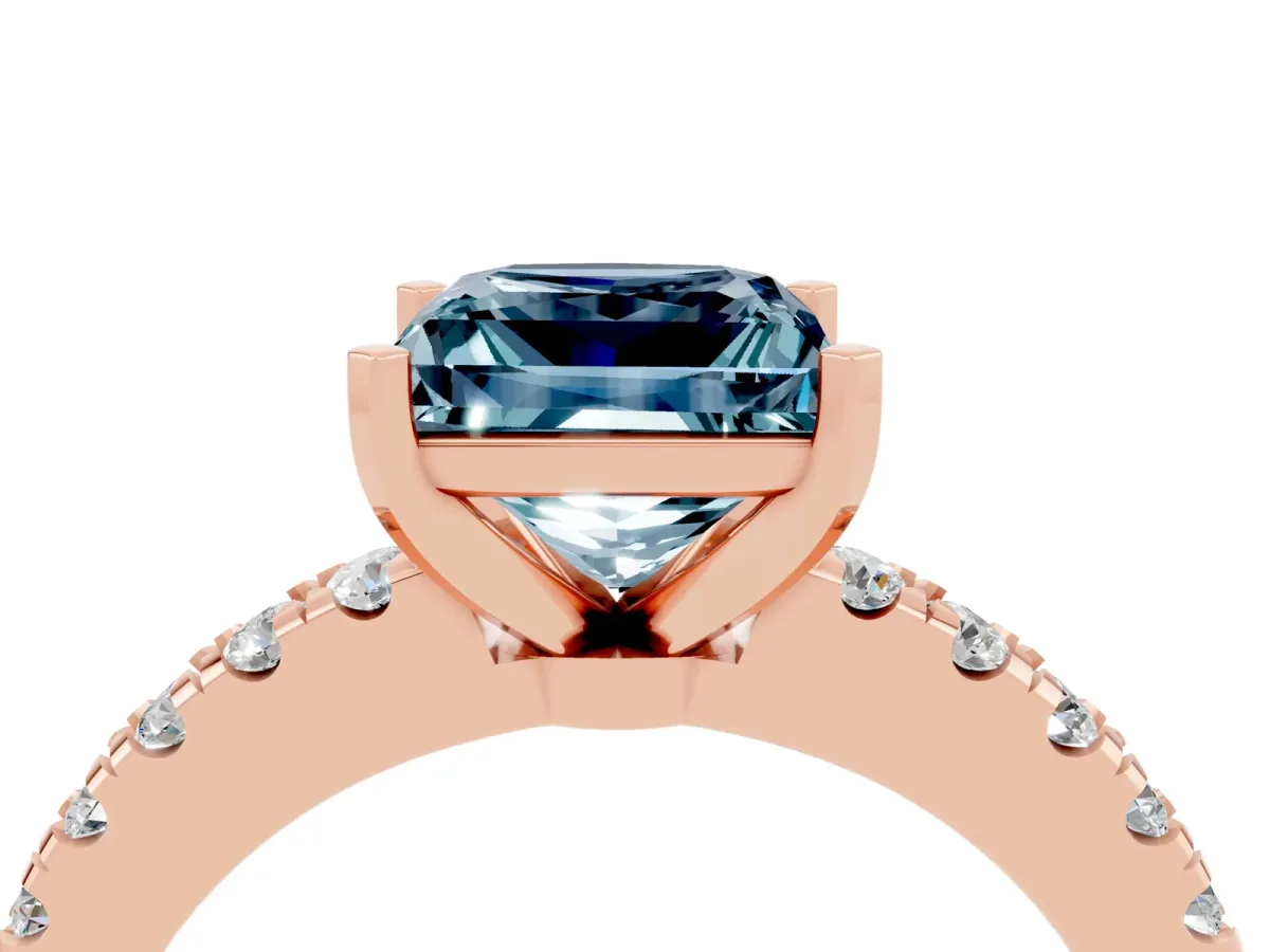 Princess Cut Solitaire Aquamarine with Pavé Band and Four-Prong Setting Rose gold