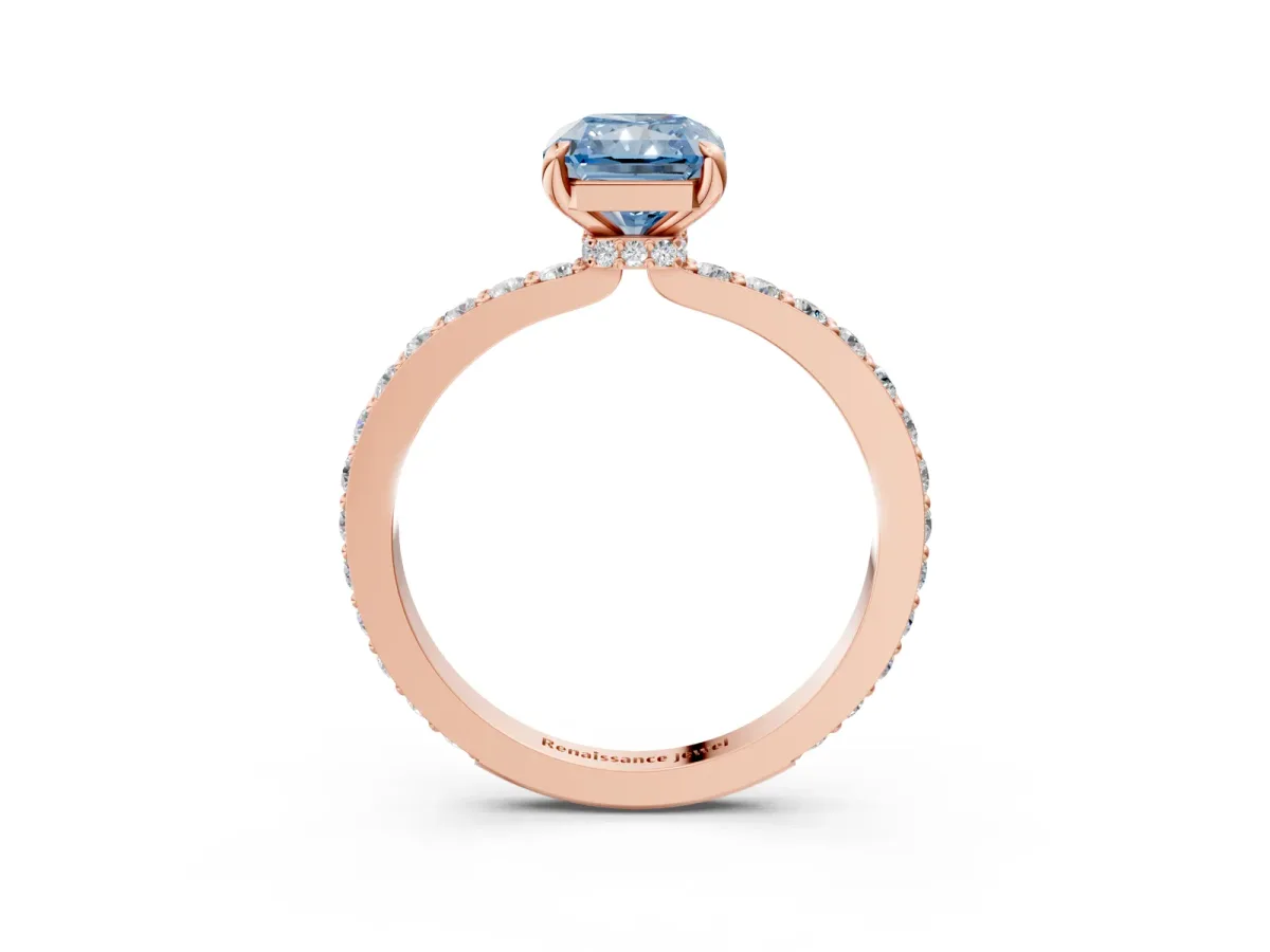 Fancy Blue Radiant Cut Diamond Solitaire Engagement Ring with Pavé Band and Four-Prong Setting Rose gold
