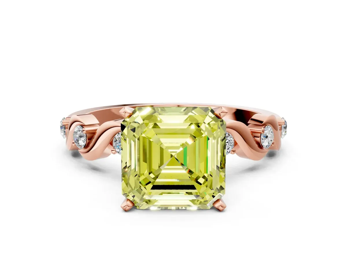 Fancy Yellow Asscher Cut Diamond Solitaire Twisted Band with Round Accents and Prong Setting Rose gold