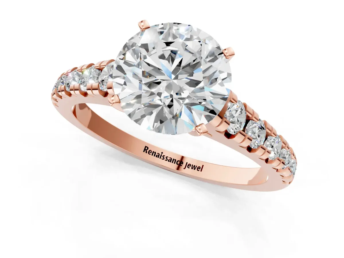 Round Cut Diamond Cathedral Solitaire Ring with Round Pavé Band Rose gold