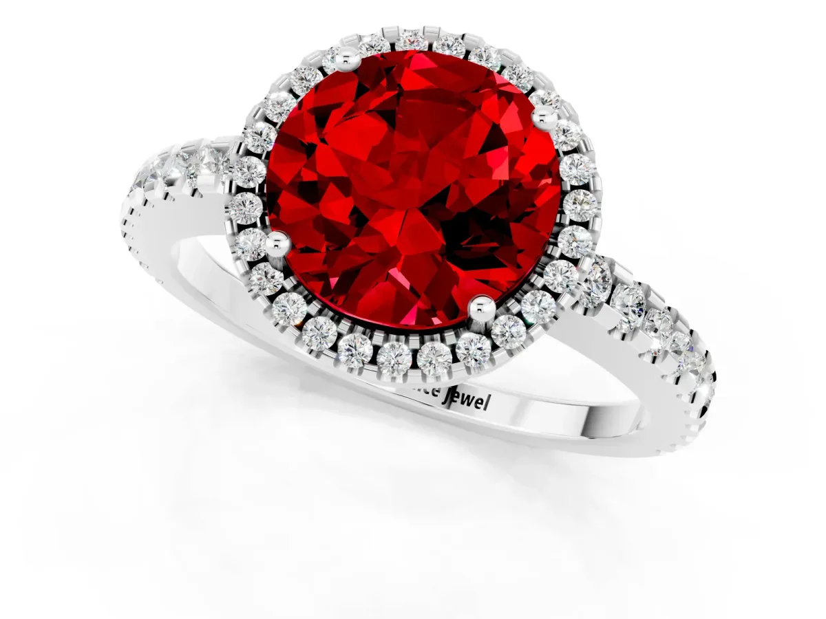 Round Cut Ruby Halo Engagement Ring with Pavé Band and Prong Setting White gold