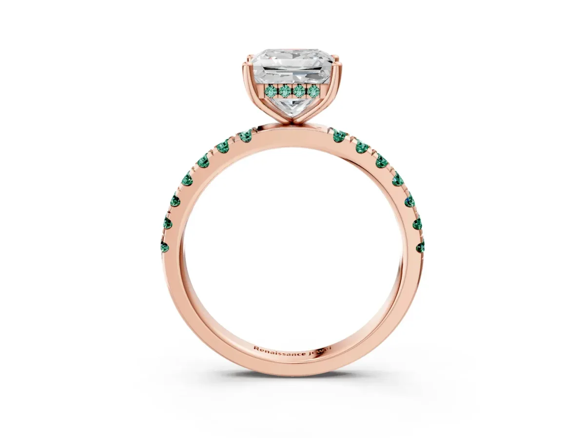 Princess Cut Diamond Pave Band Solitaire Ring with Round Green Sapphire and Prong Setting Rose gold