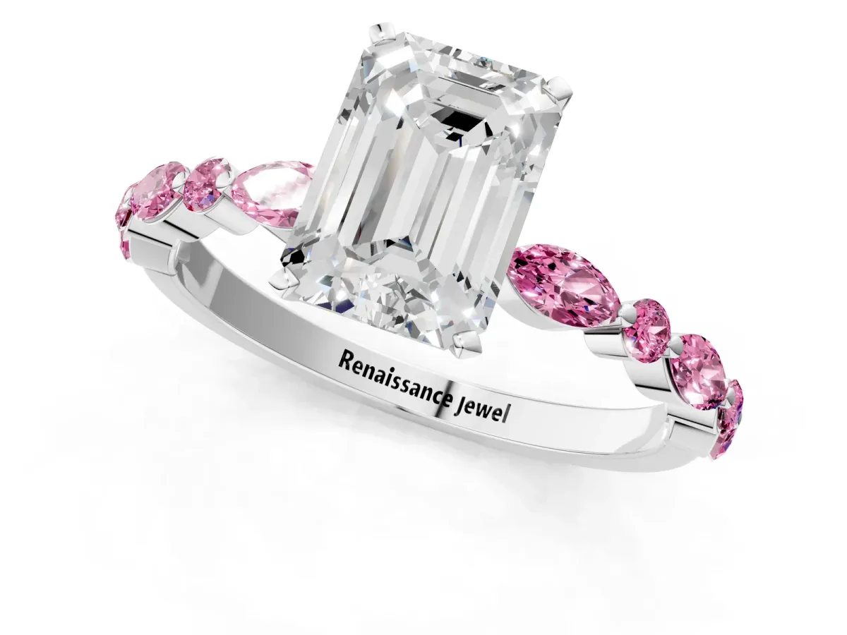 Emerald Cut Diamond Ring with Marquise and Round Pink Sapphire Side Stones and Four-Prong Setting White gold