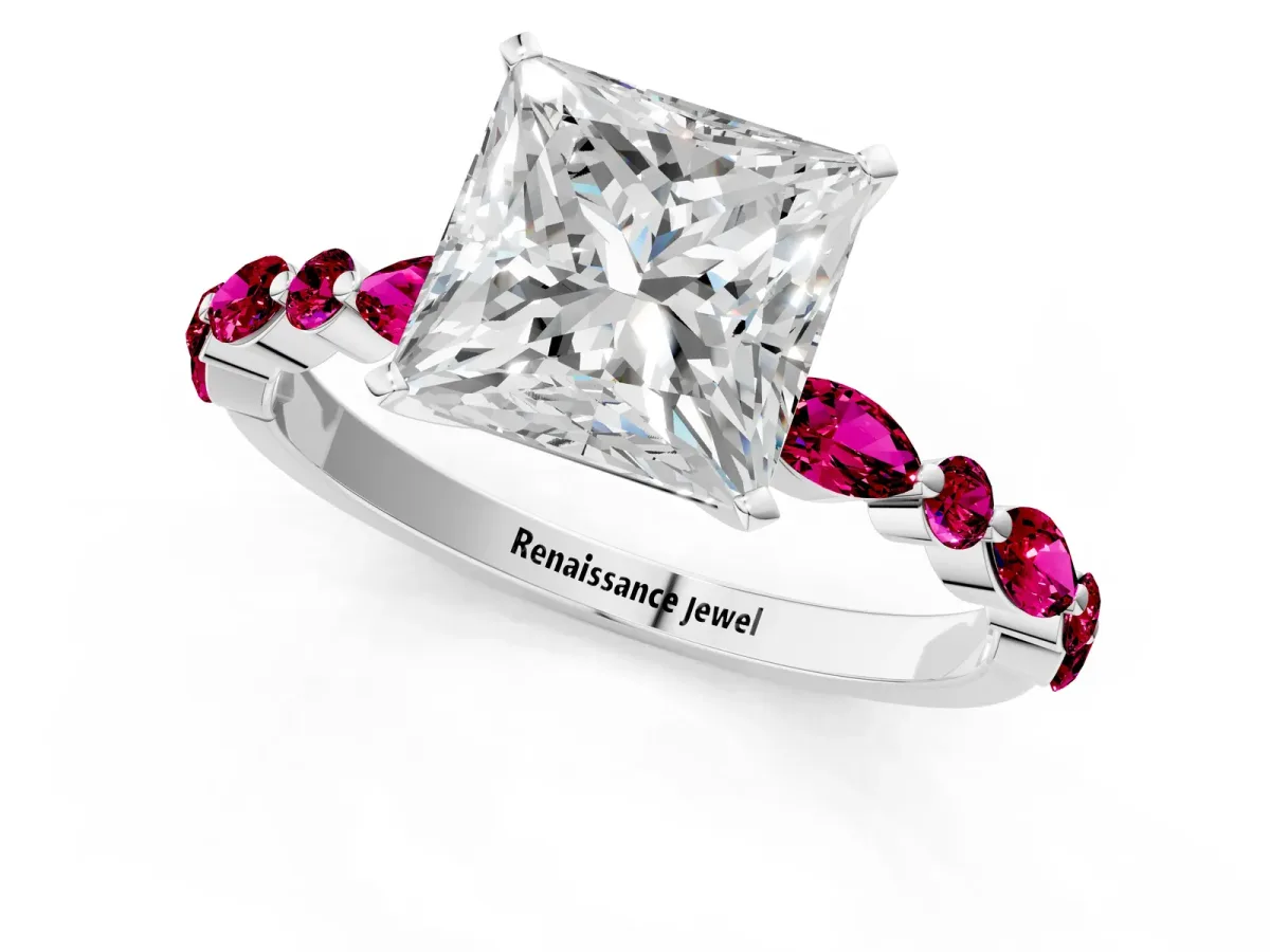 Princess Cut Diamond Ring with Marquise and Round Garnet Side Stones and Four-Prong Setting White gold
