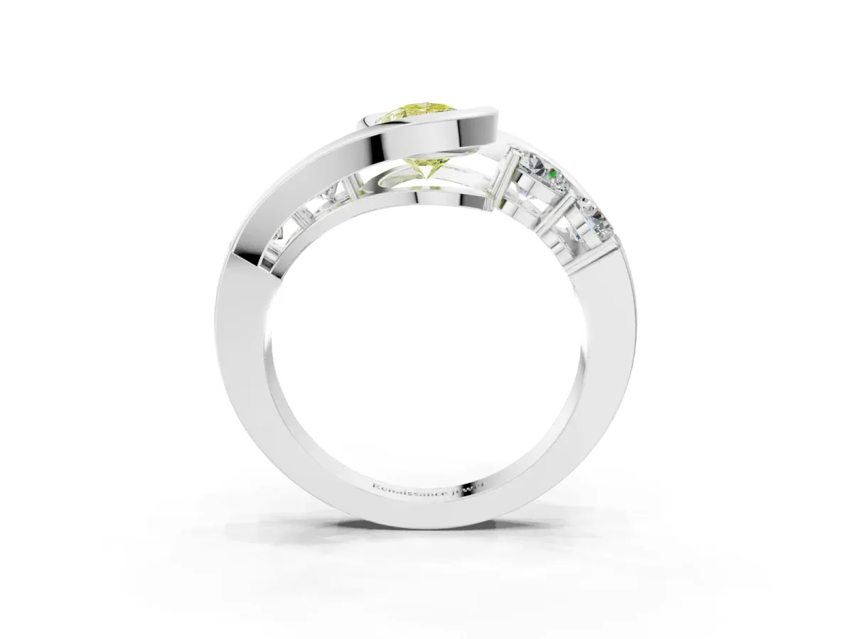 Fancy Yellow Bezel Set Pear Cut Diamond Bypass Ring with Round Accents Silver