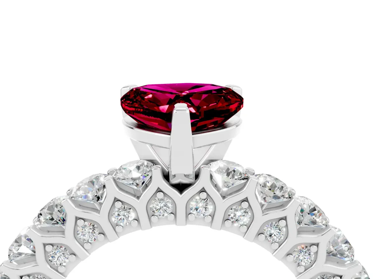 Heart Cut Garnet Solitaire Ring with Shared Prong Pavé Band and Four-Prong Setting Silver