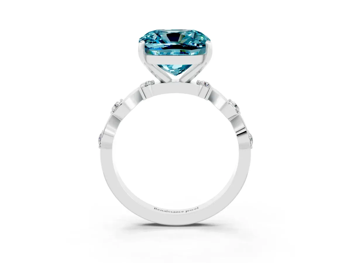 Cushion Cut Blue Topaz Solitaire Twisted Band with Round Accents and Prong Setting White gold