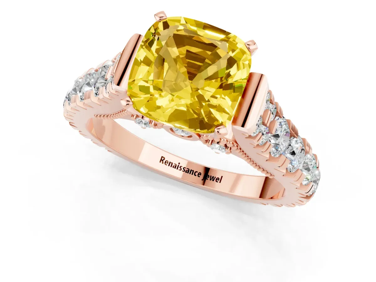 Cushion Cut Yellow Sapphire Classic Solitaire Ring with Pavé Band and Four-Prong Setting Rose gold