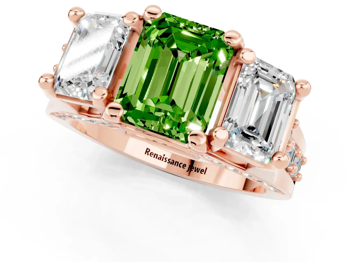 Emerald Cut Peridot Three-Stone Ring with Channel Set Band and Four-Prong Setting Rose gold