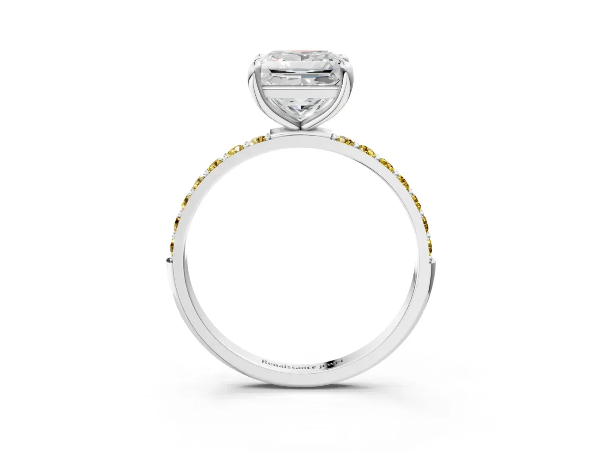 Princess Cut Diamond Solitaire Ring with Round Yellow Sapphire Pavé Band and Prong Setting White gold