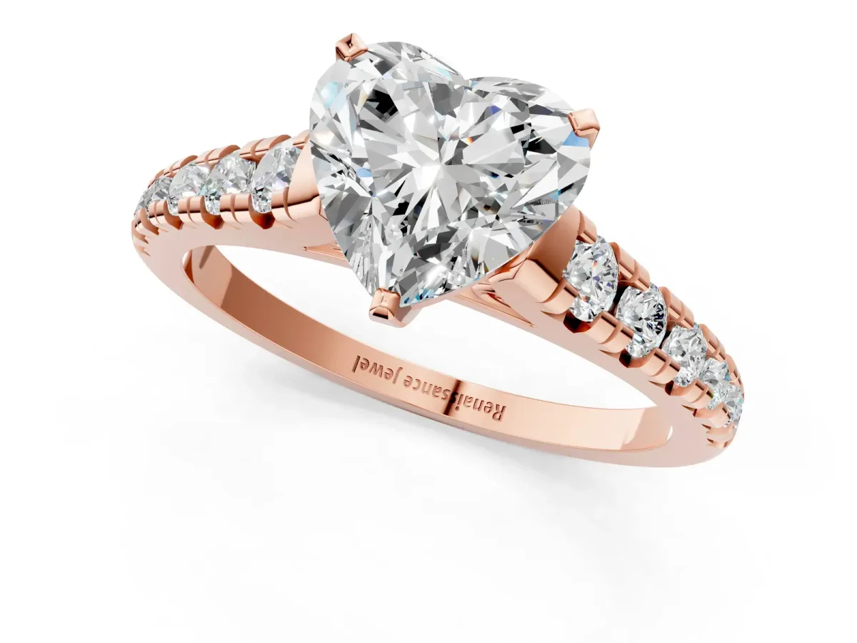 Heart Cut Diamond Cathedral Solitaire Ring with Round Moissanite Pavé Band Rose gold