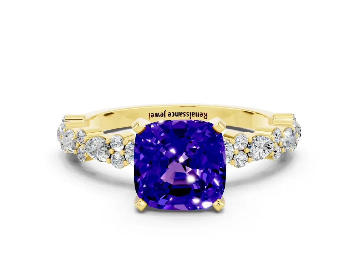 Cushion Cut Tanzanite Side Stone Solitaire Ring with Round and Four-Prong Setting Yellow gold