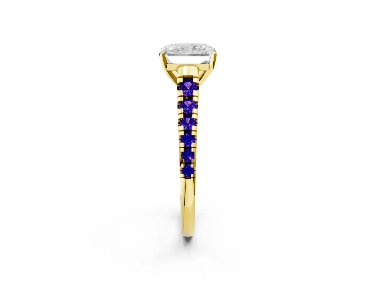 Radiant Cut Diamond Cathedral Solitaire Ring with Round Tanzanite Pavé Band Yellow gold