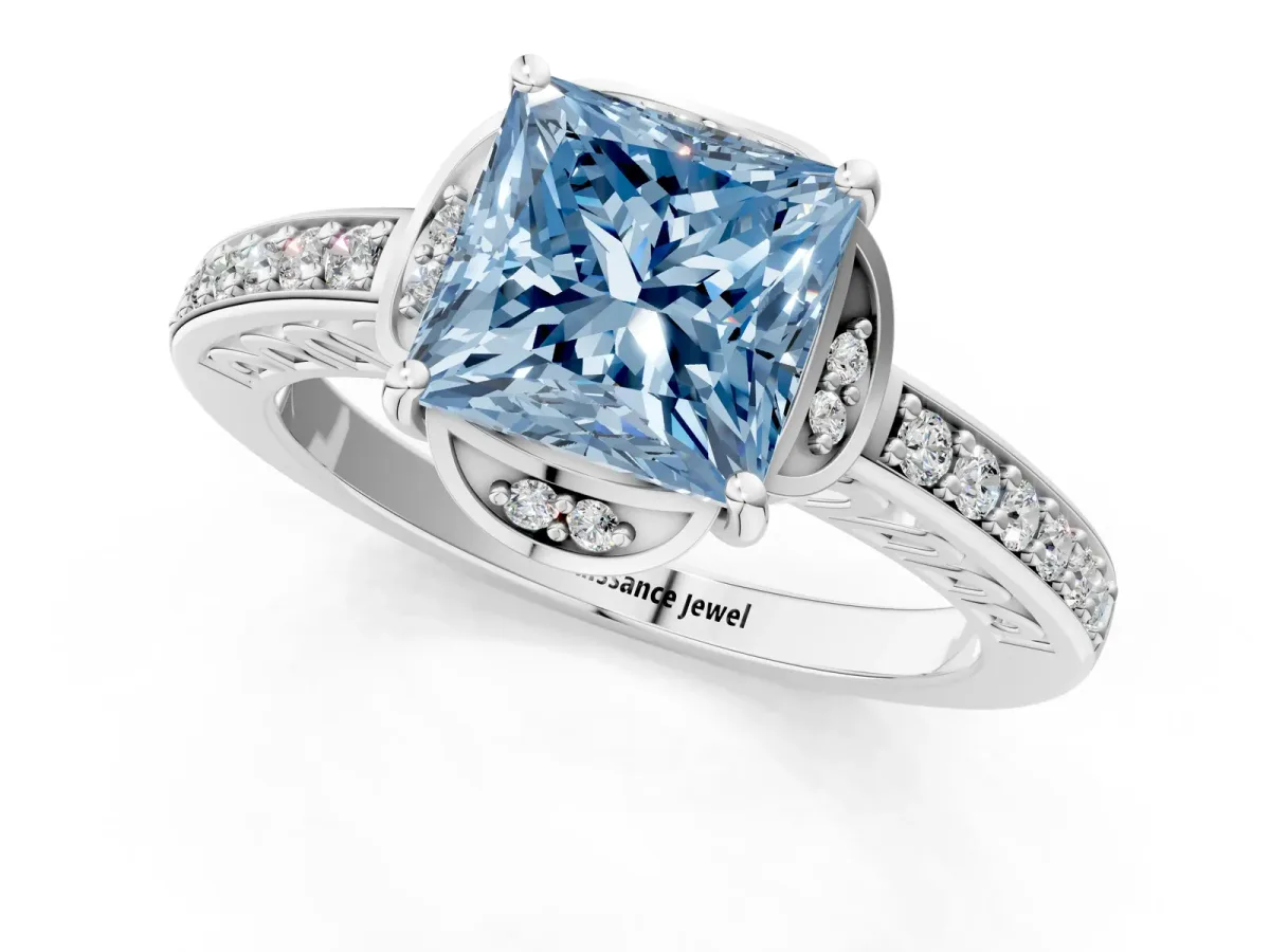 Fancy Blue Princess Cut Cut Halo Diamond Ring with Channel Set Band and Four-Prong Setting White gold