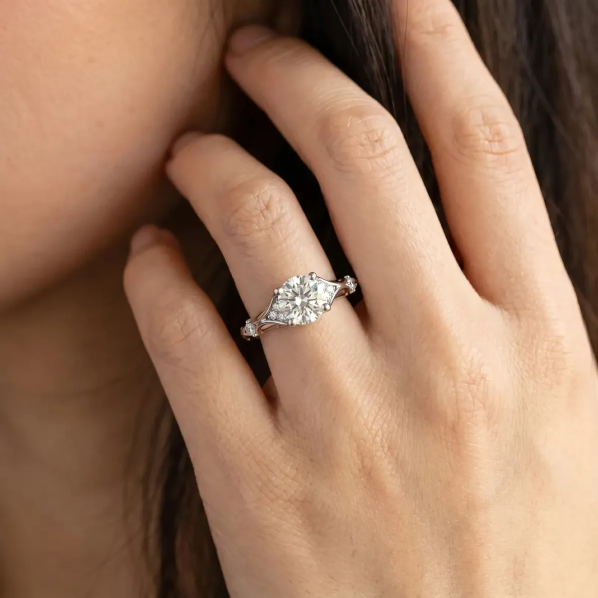 Round Cut Cut Solitaire Engagement Ring with Pave Band and Four-Prong Setting Platinum