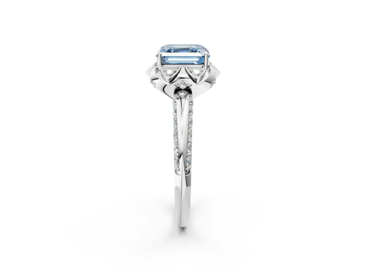 Fancy Blue Asscher Cut Halo Split Shank Pave Diamond Ring with Petal Prong Setting Platinum