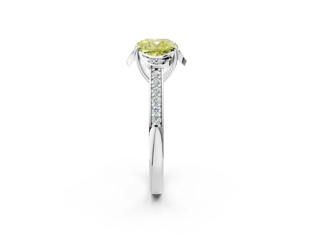 Fancy Yellow Cushion Cut Cut Halo Diamond Ring with Channel Set Band and Four-Prong Setting White gold