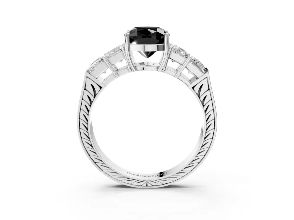 Fancy Black Cushion Cut Solitaire Princess Side Stone Engraved Band Prong Setting Ring White gold