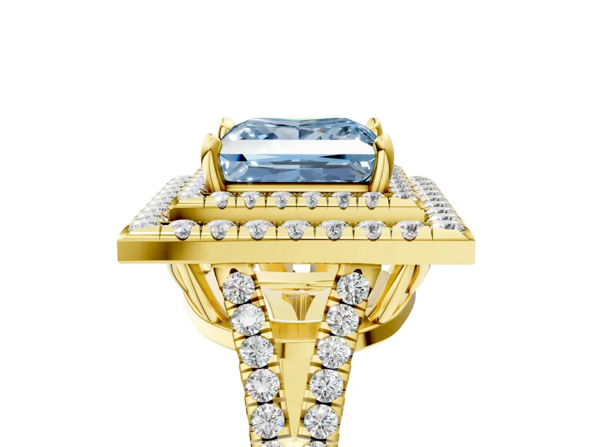 Fancy Blue Princess Cut Diamond Double Halo Ring with Pavé Band and Prong Setting Yellow gold