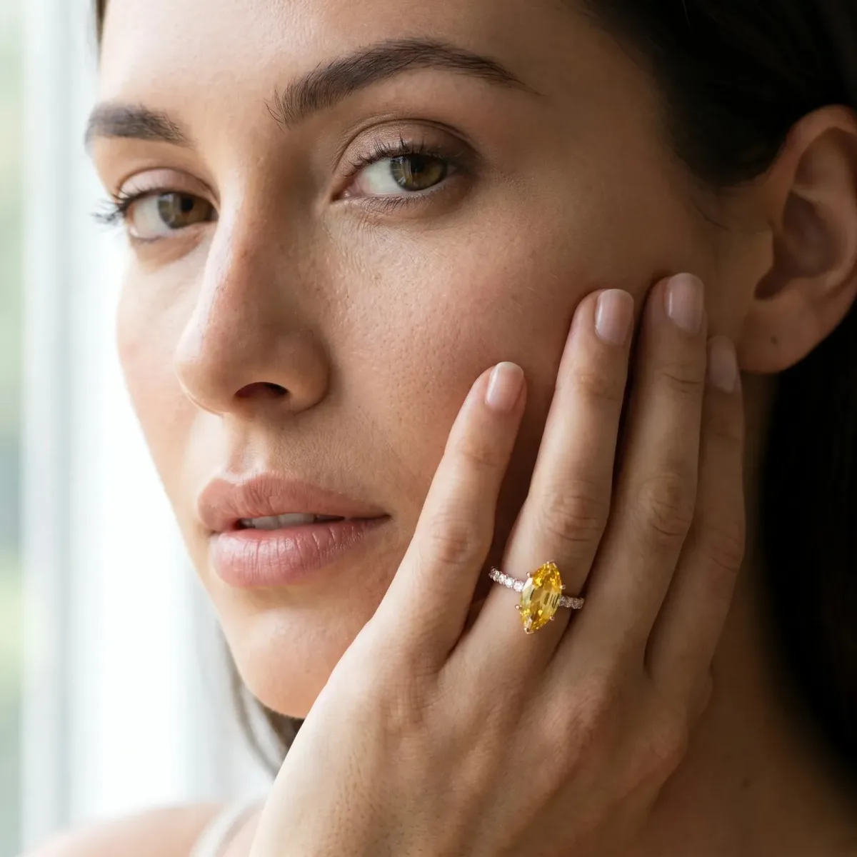 Marquise Cut Yellow Sapphire Solitaire Ring with Round Pavé Band and Four-Prong Setting Rose gold