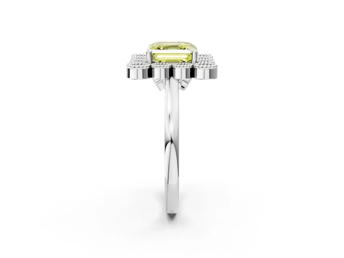 Fancy Yellow Asscher Cut Halo Diamond Cluster Engagement Ring with Milgrain Bezel Setting and Solitaire Band Platinum