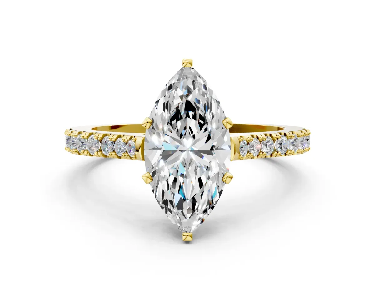 Marquise Cut Cut Solitaire Diamond Engagement Ring with Pave Band and Four-Prong Setting Yellow gold
