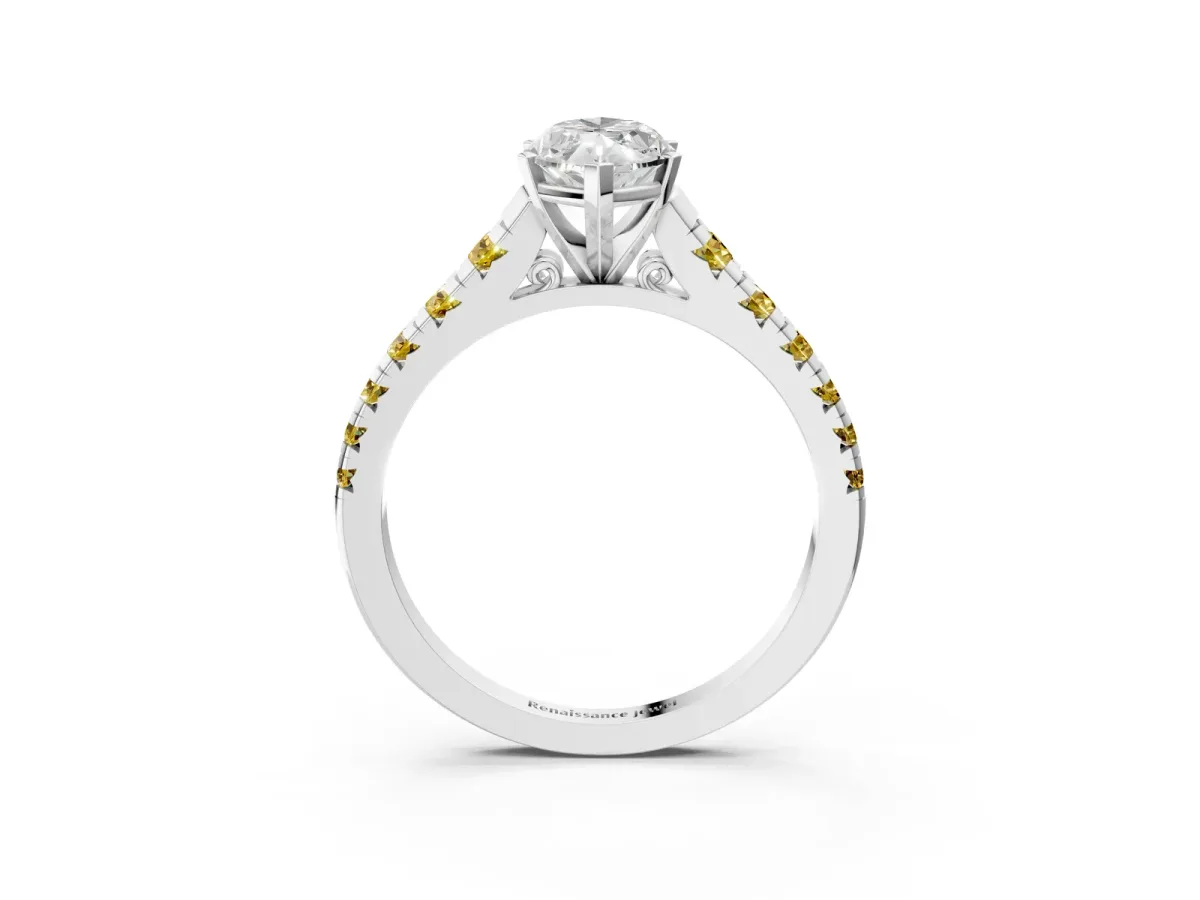 Marquise Cut Diamond Cathedral Solitaire Ring with Round Yellow Sapphire Pavé Band White gold