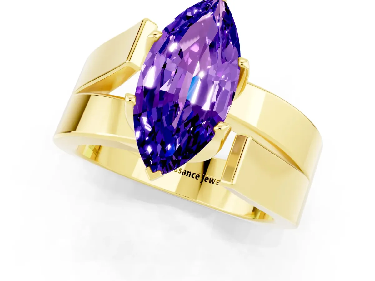 Modern Tension Set Marquise Cut Tanzanite Solitaire Wide Band Ring Yellow gold