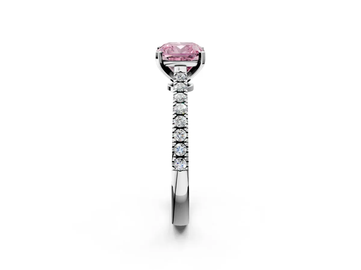 Fancy Pink Cushion Cut Cut Solitaire Diamond Engagement Ring with Pave Band and Four-Prong Setting White gold