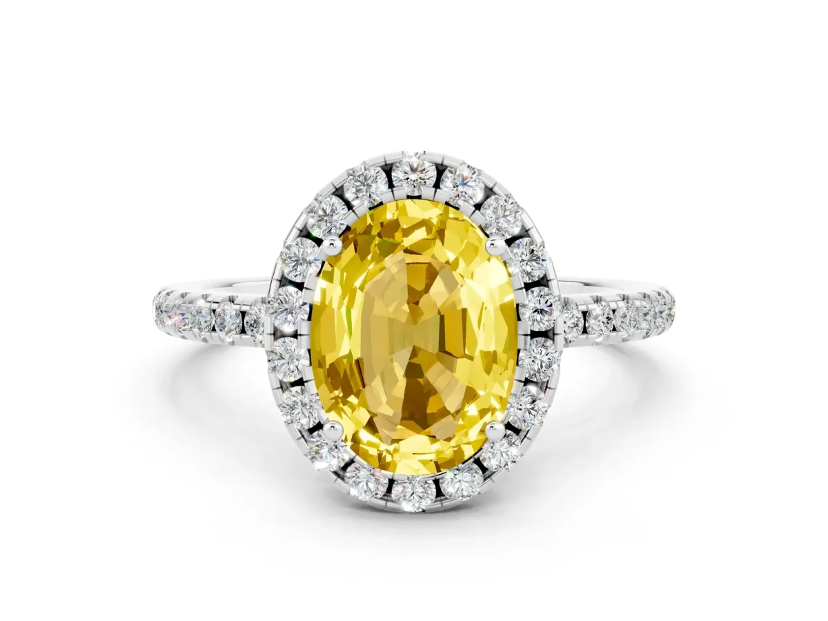 Oval Cut Yellow Sapphire Halo Ring with Round Pavé Band and Prong Setting White gold