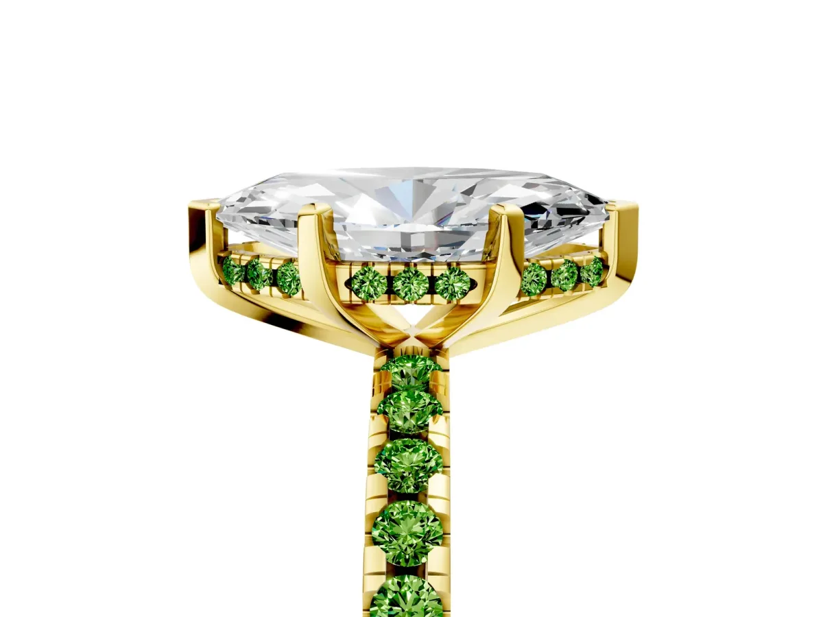 Marquise Cut Diamond Solitaire Ring with Round Peridot Pavé Band and Four-Prong Setting Yellow gold