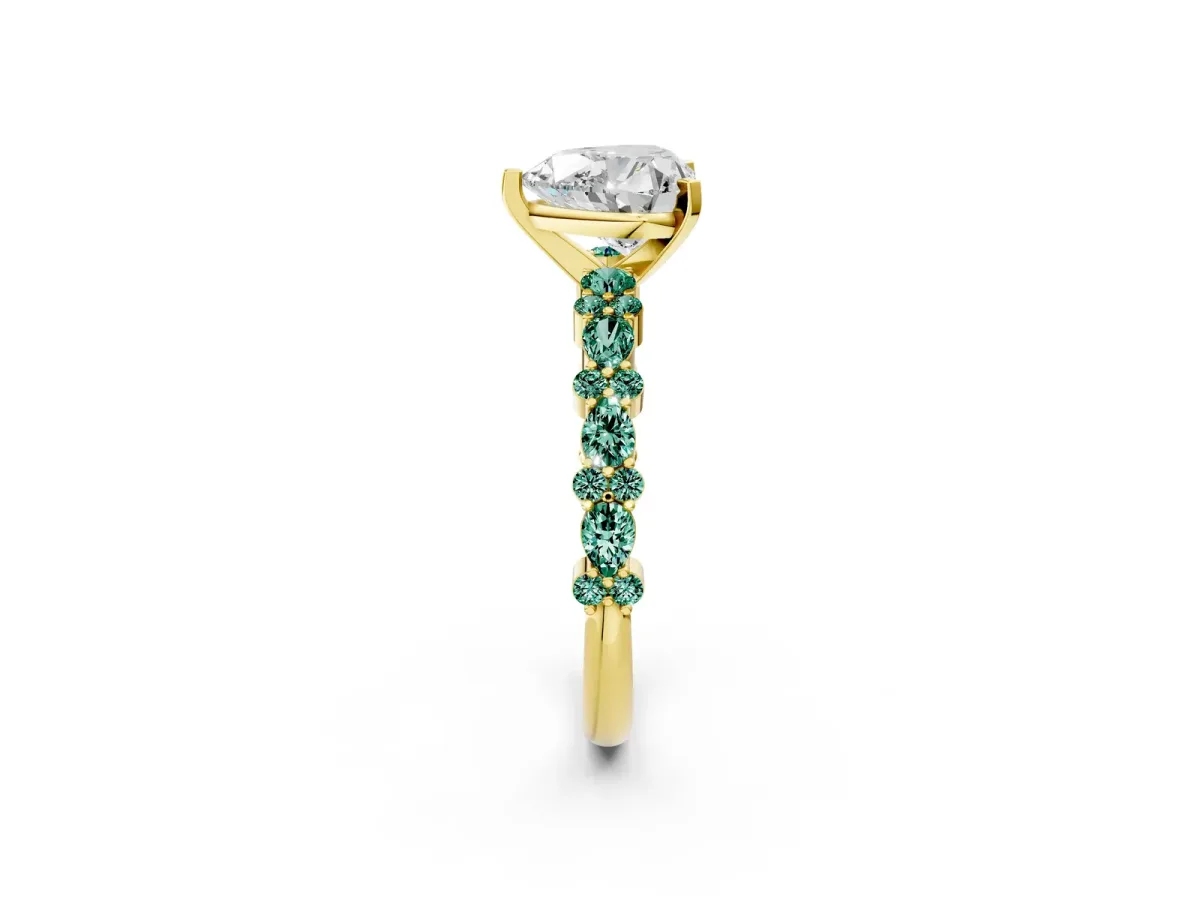Heart Cut Diamond Side Stone Solitaire Ring with Round Green Sapphire and Four-Prong Setting Yellow gold