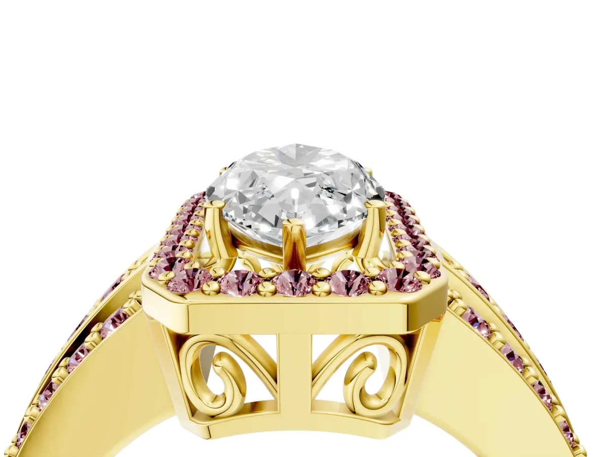 Marquise Cut Halo Diamond Ring with Round Morganite Split Shank and Prong Setting Yellow gold
