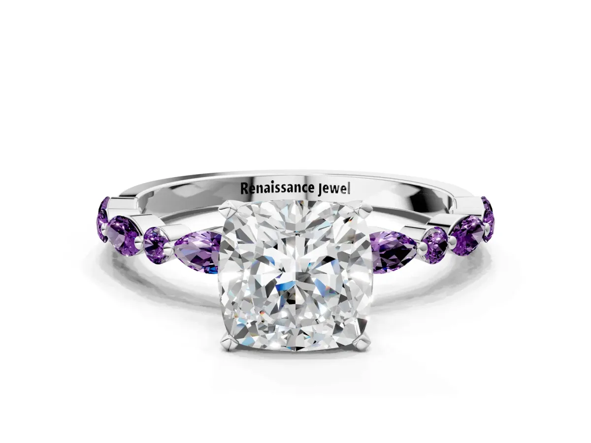 Cushion Cut Diamond Ring with Marquise and Round Amethyst Side Stones and Four-Prong Setting White gold
