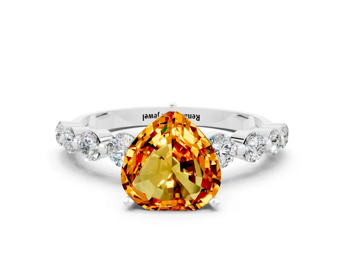 Heart Cut Solitaire Citrine Ring with Pave Band and Four-Prong Setting Silver
