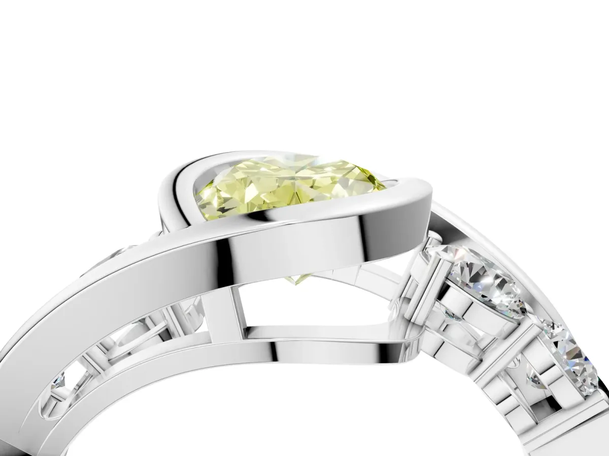 Fancy Yellow Bezel Set Oval Cut Diamond Bypass Ring with Round Accents Silver