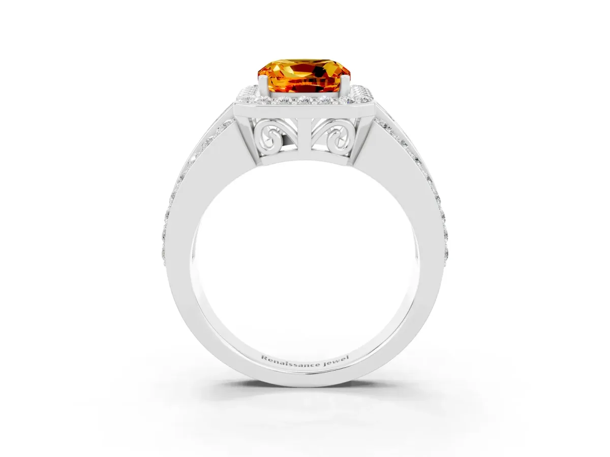 Cushion Cut Halo Citrine Ring with Round Split Shank and Prong Setting White gold