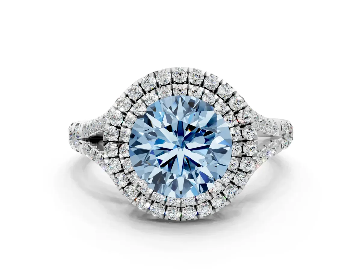 Fancy Blue Double Halo Round Cut Diamond Split Shank Engagement Ring with Four-Prong Setting White gold