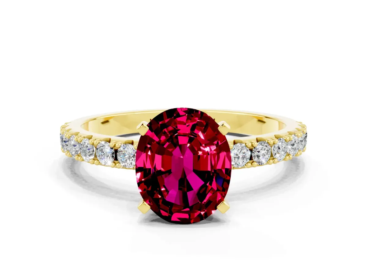 Oval Cut Garnet Solitaire Pavé Band with Four-Prong Setting Yellow gold