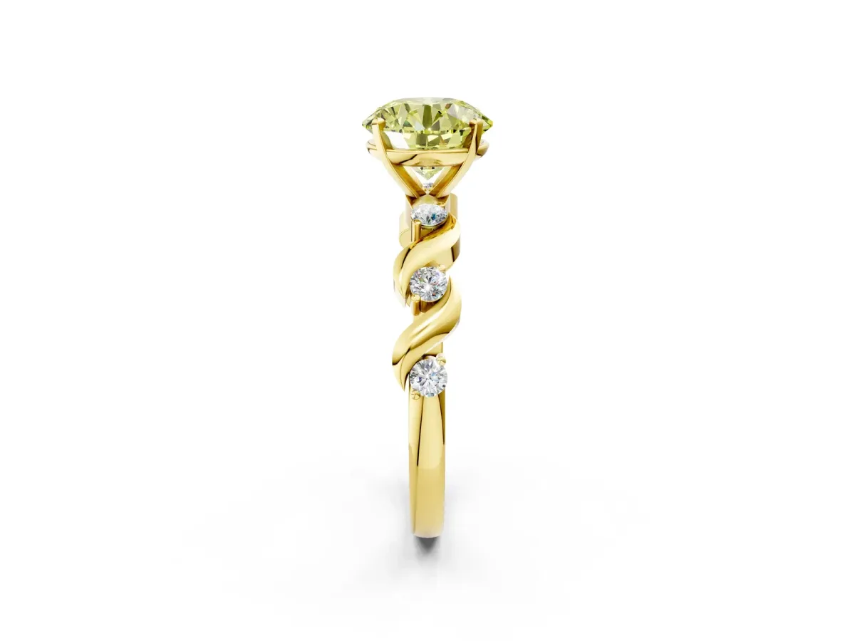 Fancy Yellow Round Cut Diamond Solitaire Twisted Band with Round Accents and Prong Setting Yellow gold