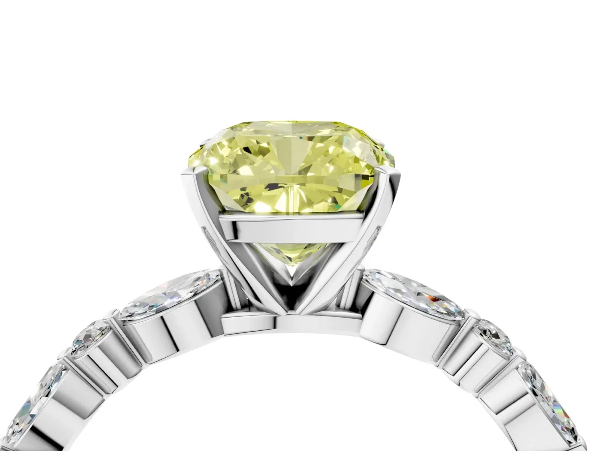 Fancy Yellow Cushion Cut Diamond Ring with Marquise and Round Side Stones and Four-Prong Setting Platinum