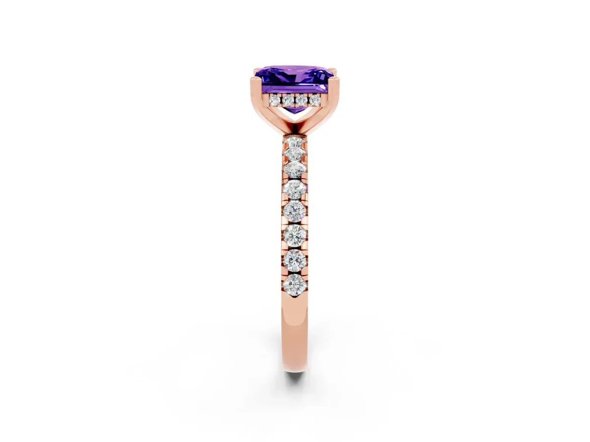 Princess Cut Tanzanite Solitaire Ring with Round Pavé Band and Four-Prong Setting Rose gold