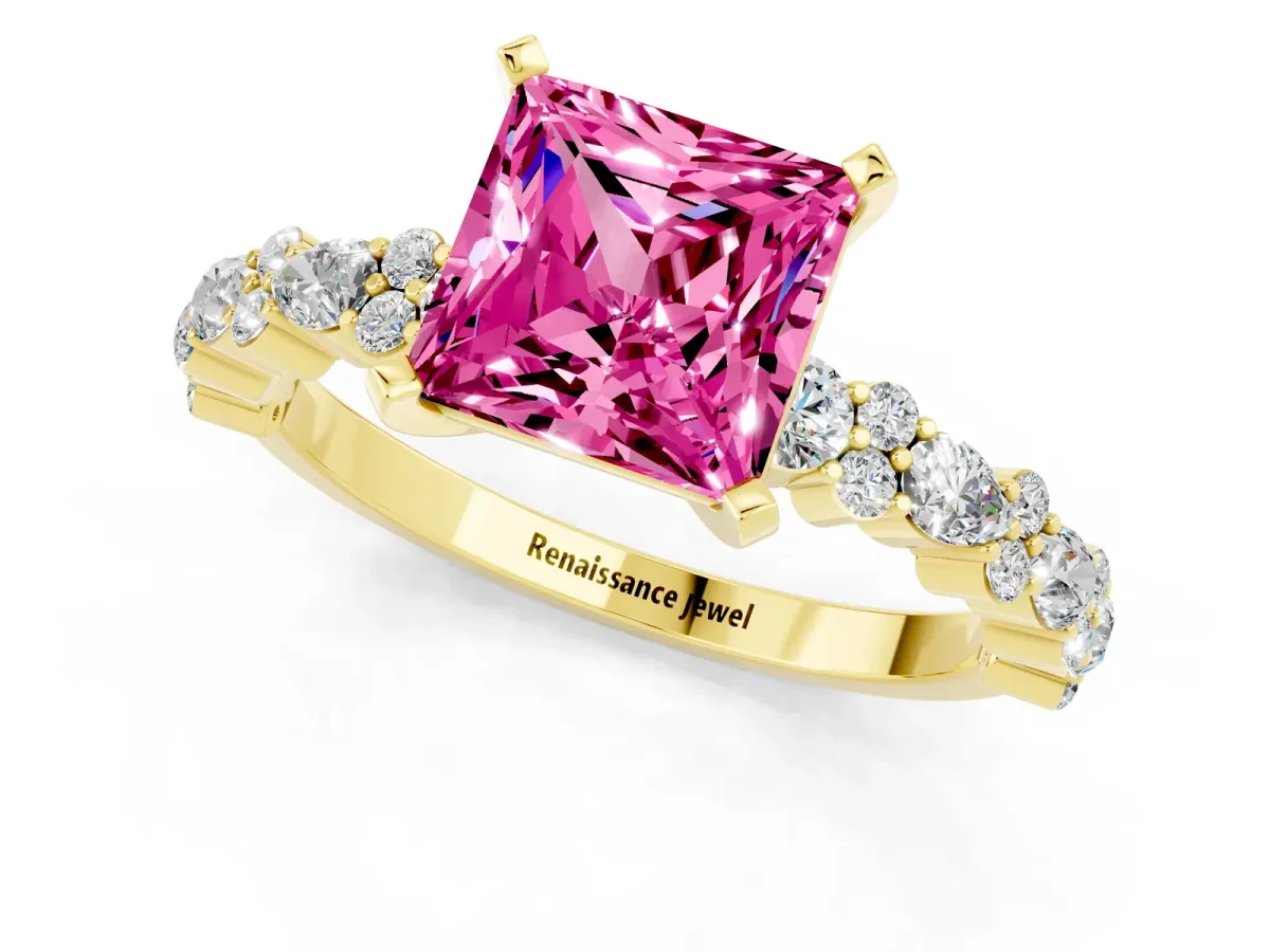 Princess Cut Pink Sapphire Side Stone Solitaire Ring with Round and Four-Prong Setting Yellow gold