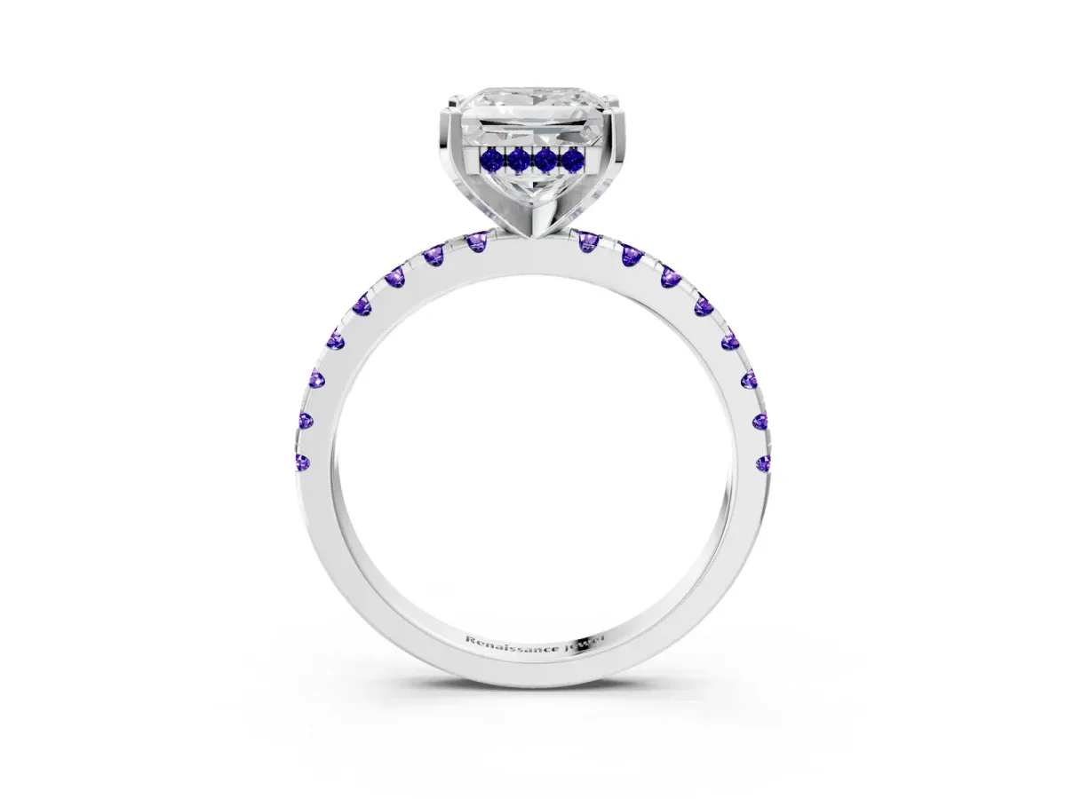 Princess Cut Diamond Solitaire Ring with Round Tanzanite Pavé Band and Four-Prong Setting White gold