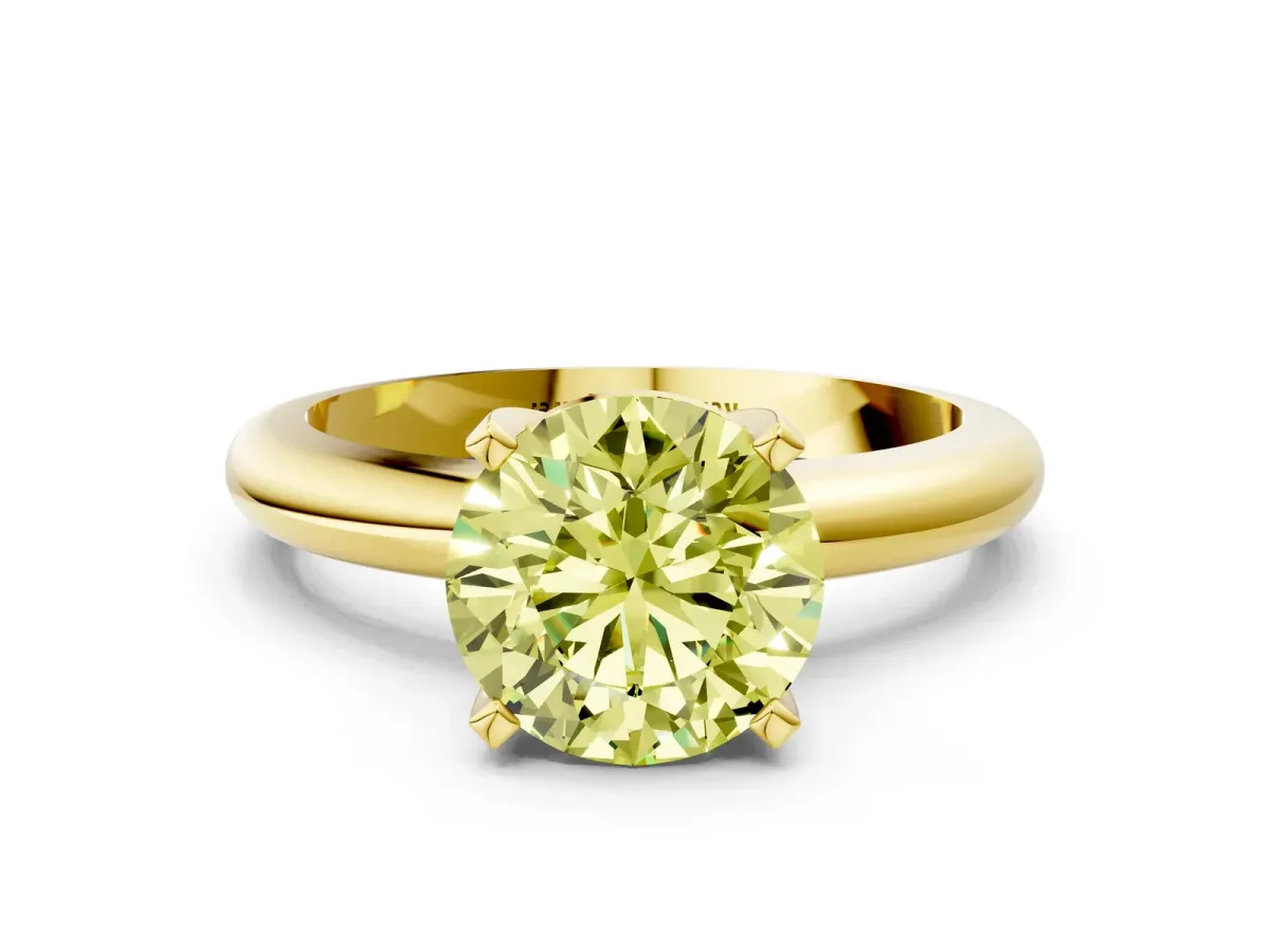 Fancy Yellow Round Cut Diamond Solitaire Engagement Ring with Round Band and Four-Prong Setting Yellow gold