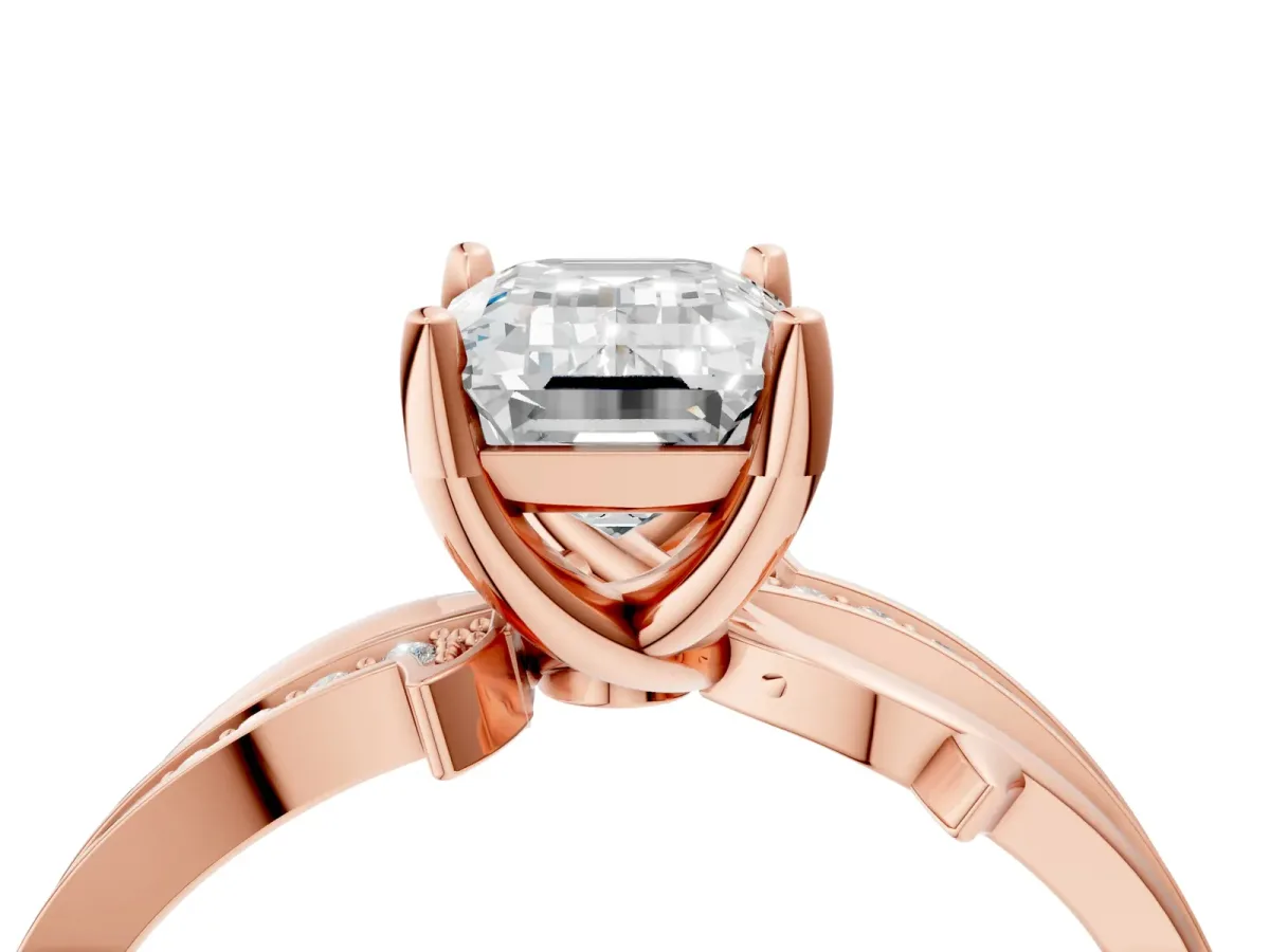 Emerald Cut Solitaire Twist Band with Pavé Accents and Four-Prong Setting Rose gold