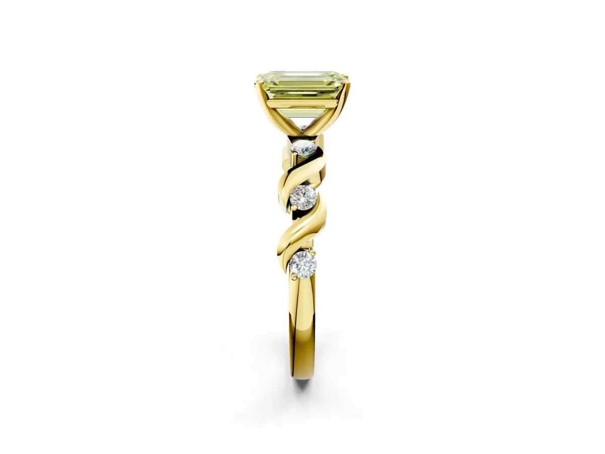 Fancy Yellow Emerald Cut Diamond Solitaire Twisted Band with Round Accents and Prong Setting Yellow gold