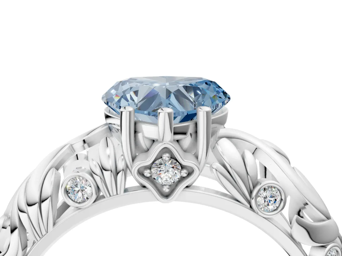 Fancy Blue Heart Cut Solitaire Diamond Leaf-Inspired Vine Band Ring with Prong Setting Platinum